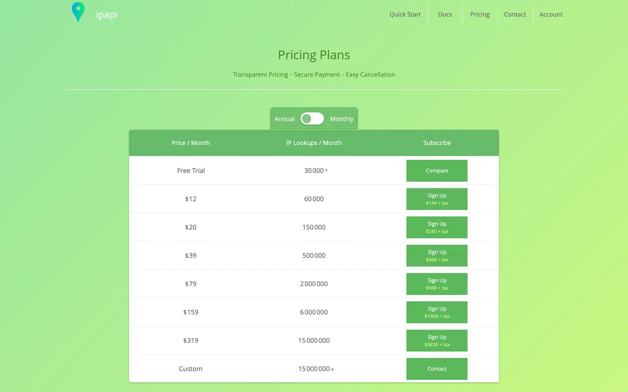 ipapi pricing page - Data SaaS pricing tiers and plans