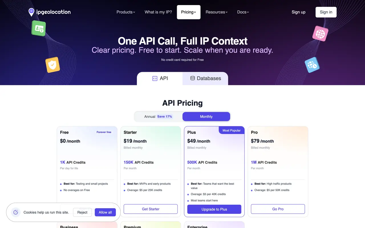 IPGeolocation pricing page - API Tools SaaS pricing tiers and plans