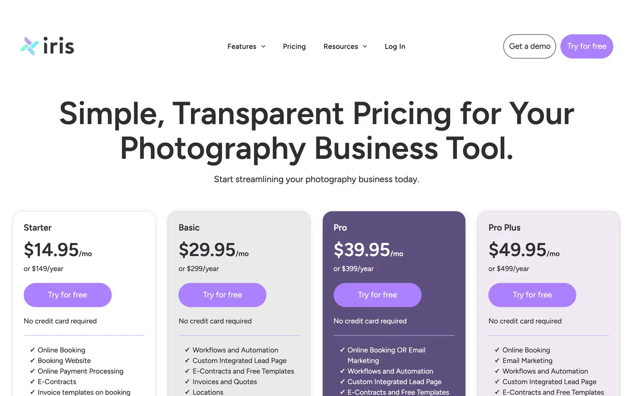 Iris Works pricing page - Time Tracking & Invoicing SaaS pricing tiers and plans