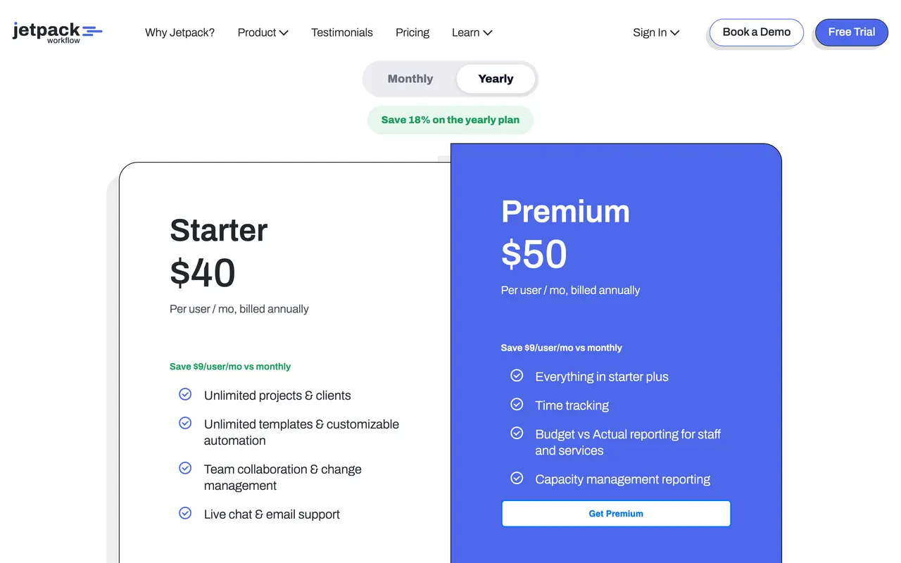 Jetpack Workflow pricing page - Accounting SaaS pricing tiers and plans