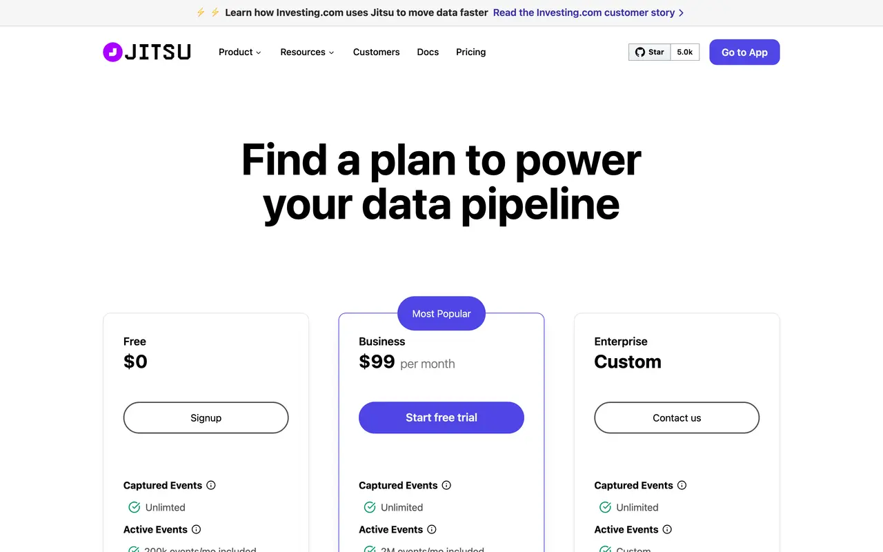 Jitsu pricing page - Analytics SaaS pricing tiers and plans