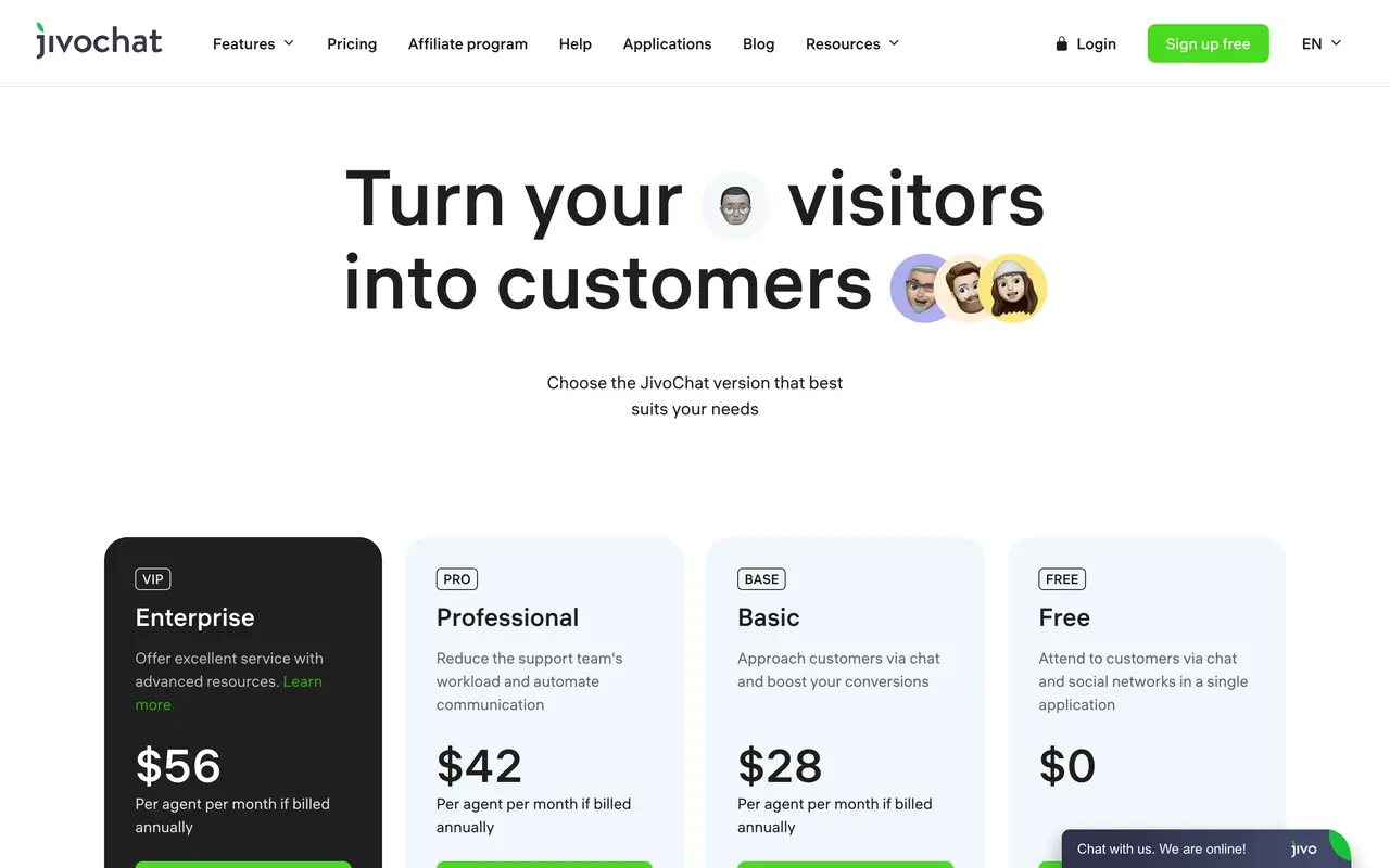 JivoChat pricing page - Chat Widget SaaS pricing tiers and plans