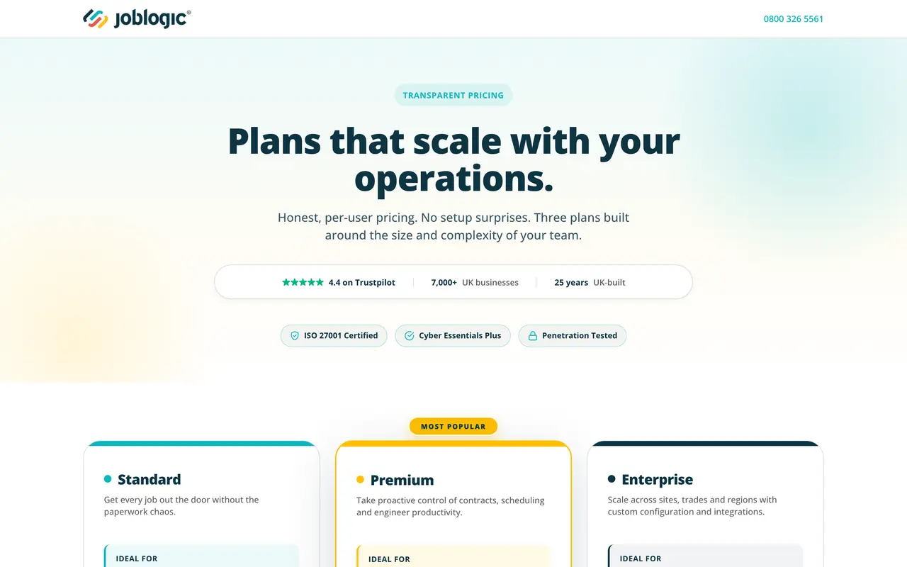 Joblogic pricing page - Field Service SaaS pricing tiers and plans