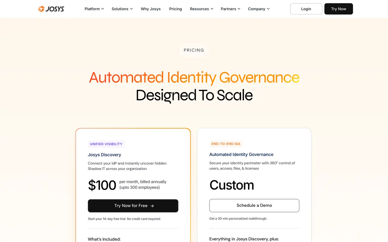 Josys pricing page - IT Service Management SaaS pricing tiers and plans
