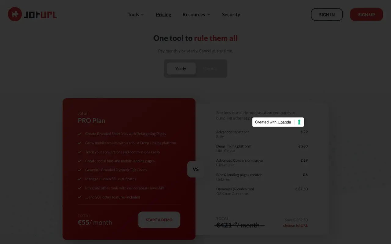 JotURL pricing page - Link Management SaaS pricing tiers and plans