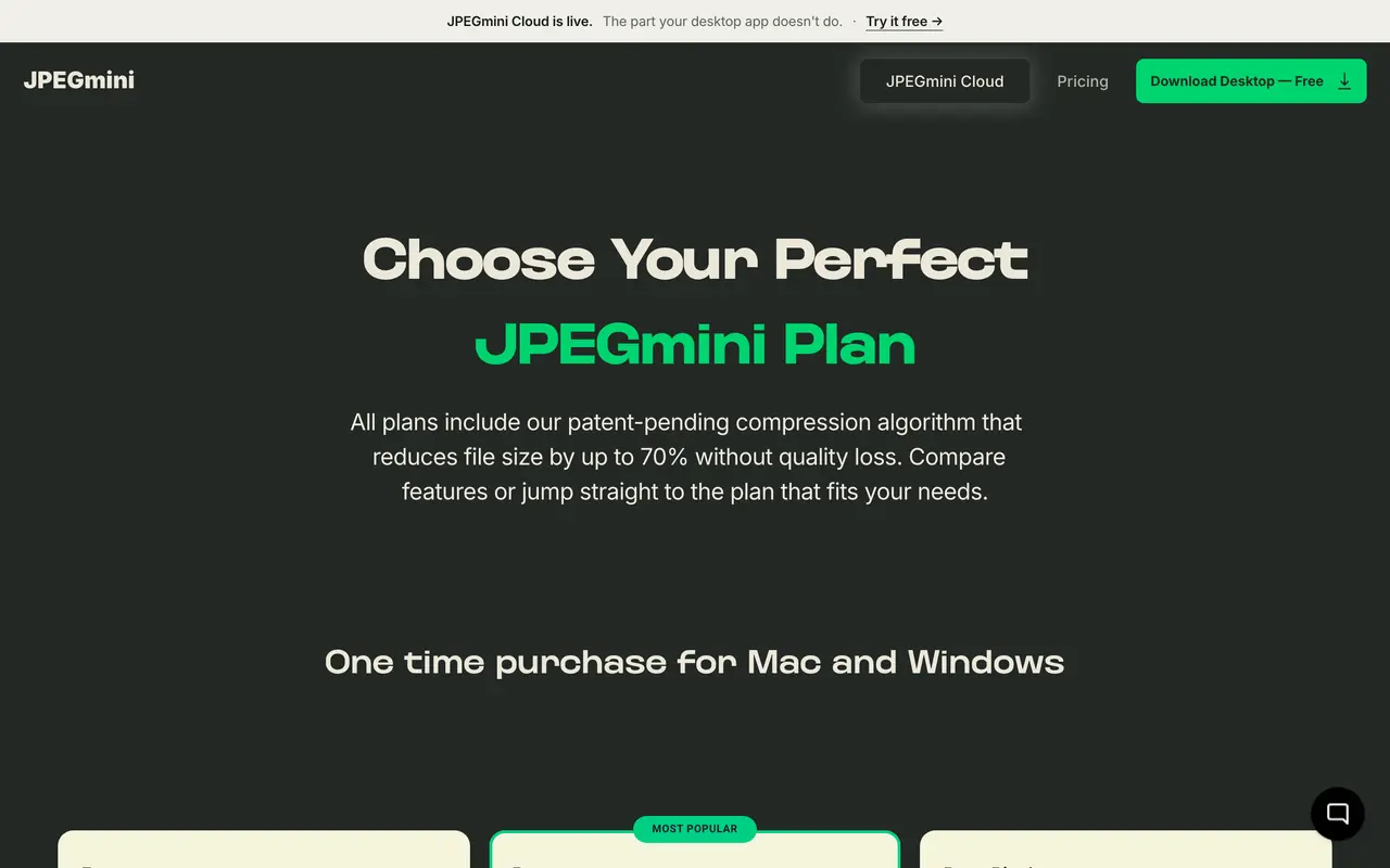 JPEGmini pricing page - Image Tools SaaS pricing tiers and plans
