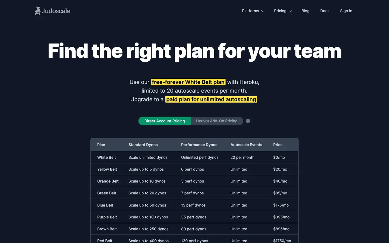 Judoscale pricing page - DevOps SaaS pricing tiers and plans