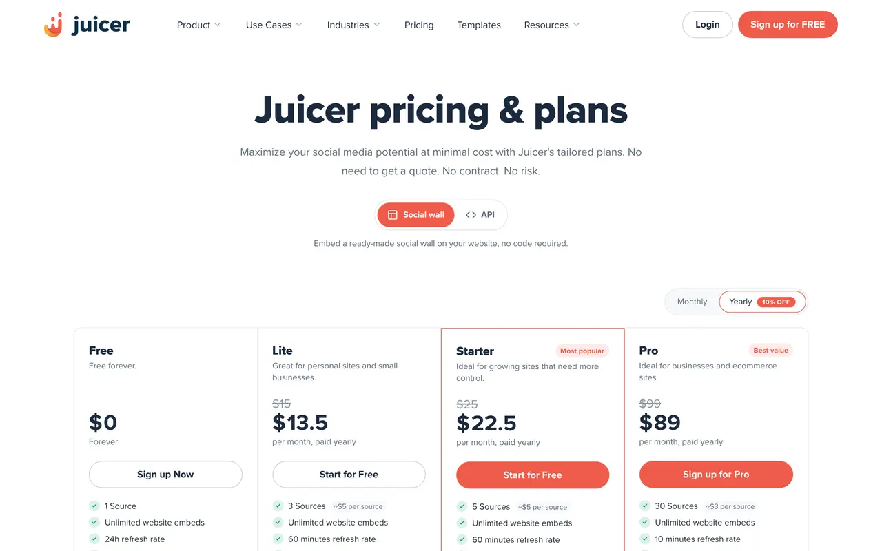 Juicer pricing page - Widgets SaaS pricing tiers and plans