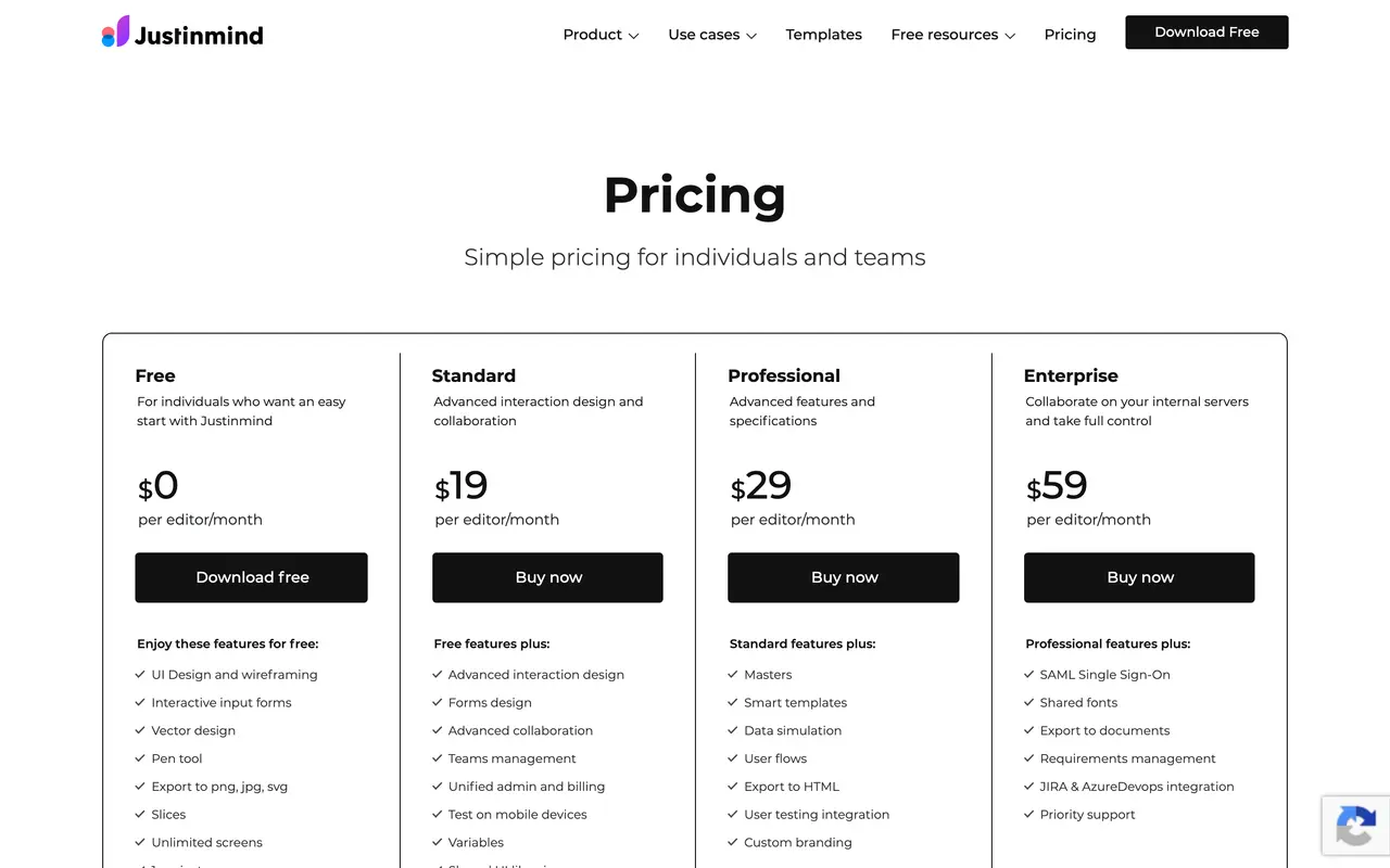 Justinmind pricing page - Design SaaS pricing tiers and plans
