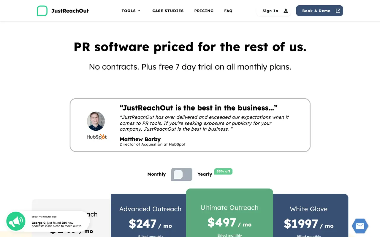 JustReachOut pricing page - PR SaaS pricing tiers and plans