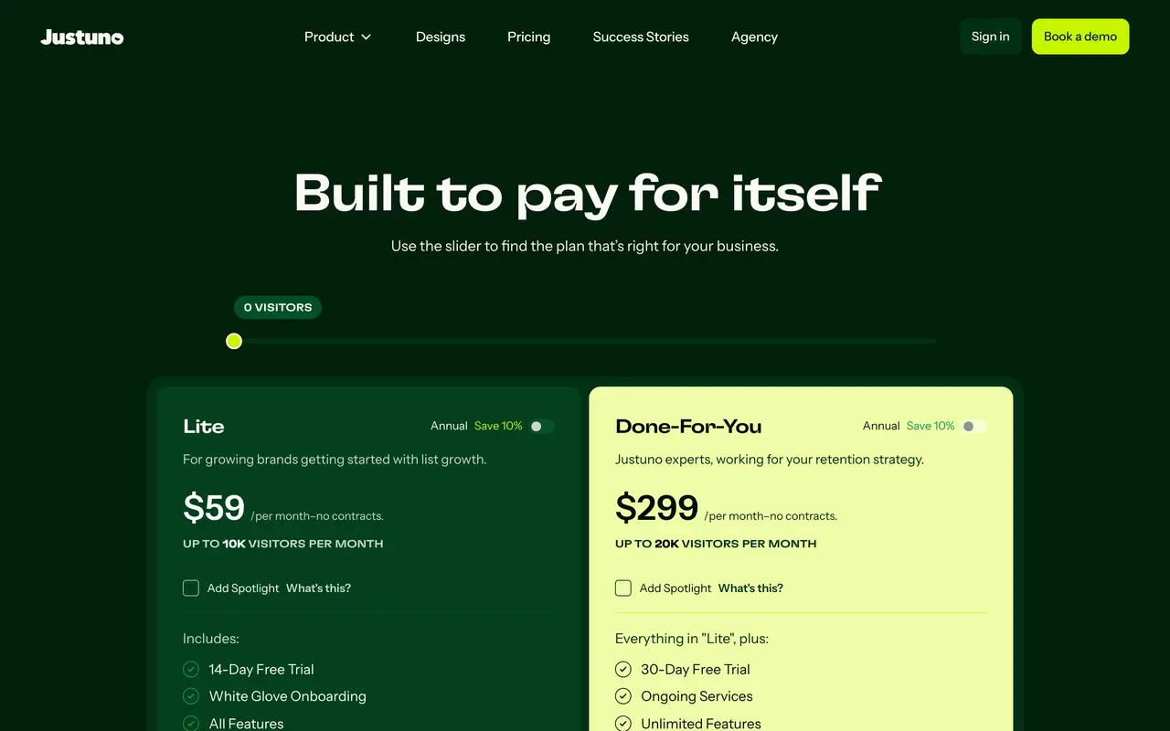 Justuno pricing page - Conversion Optimization SaaS pricing tiers and plans