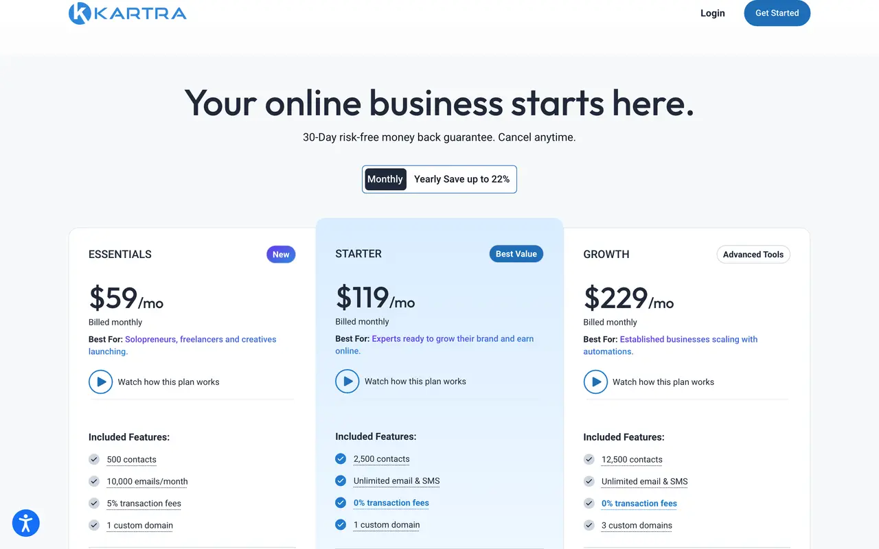 Kartra pricing page - Creator Commerce SaaS pricing tiers and plans