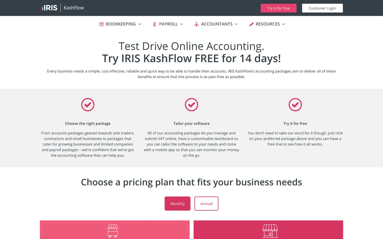 KashFlow pricing page - Accounting SaaS pricing tiers and plans