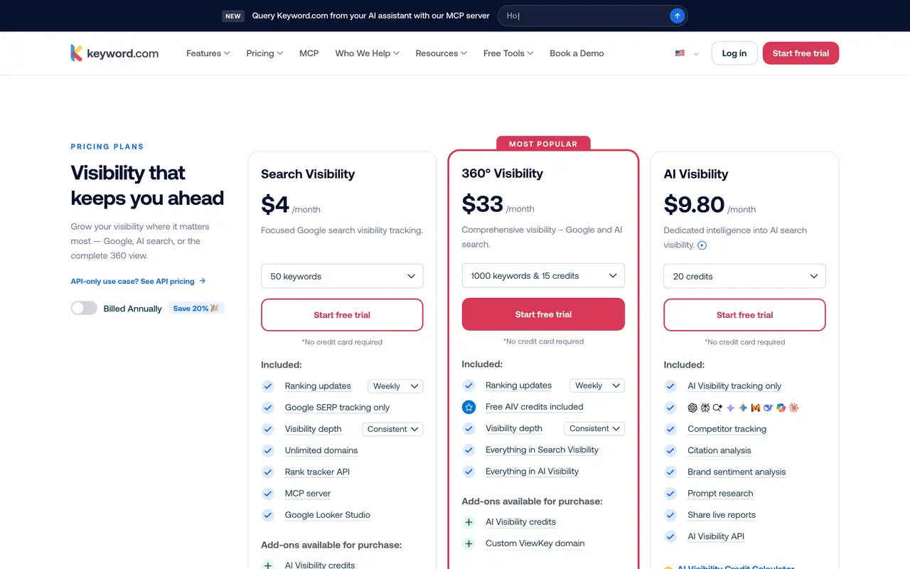 Keyword.com pricing page - SEO SaaS pricing tiers and plans