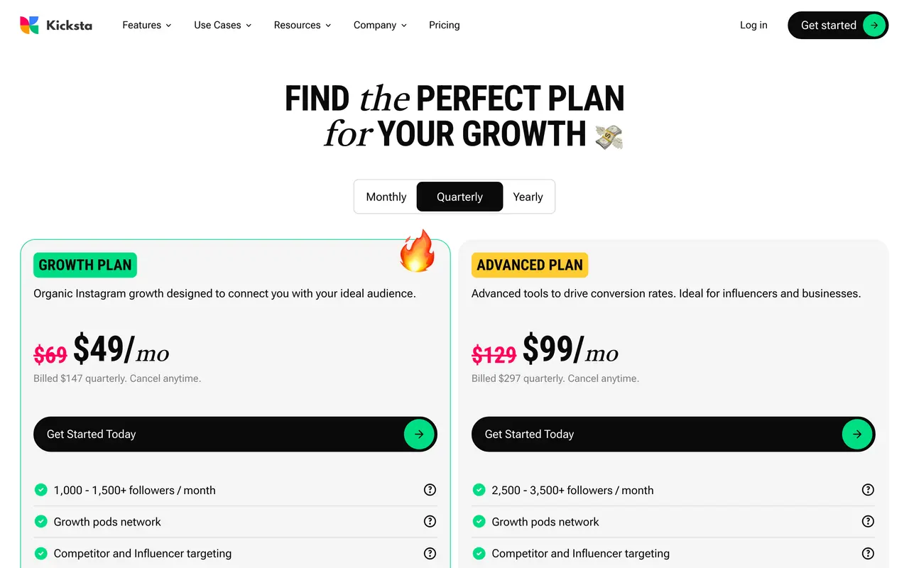Kicksta pricing page - Social Media SaaS pricing tiers and plans