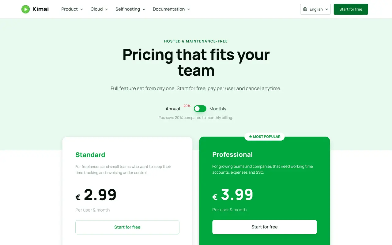 Kimai pricing page - Time Tracking & Invoicing SaaS pricing tiers and plans