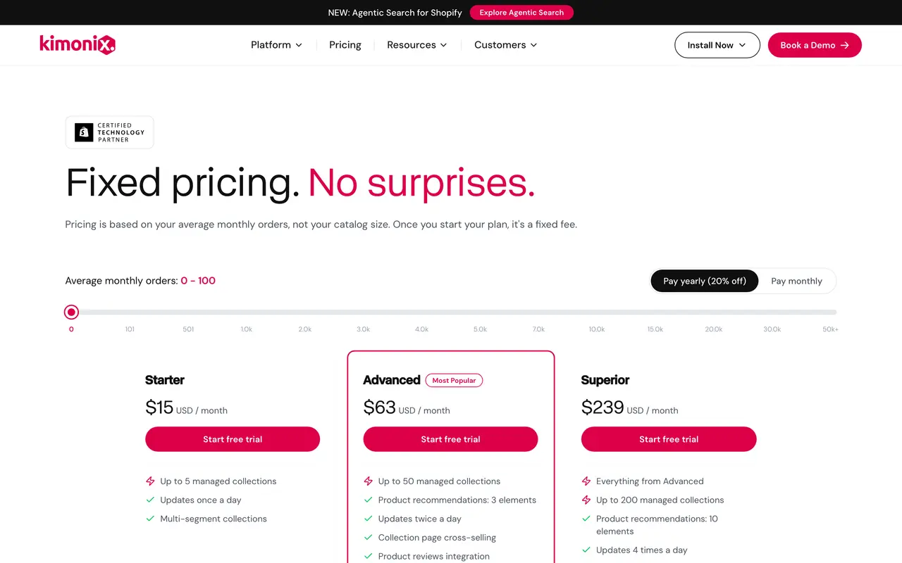 Kimonix pricing page - Shopify Apps SaaS pricing tiers and plans