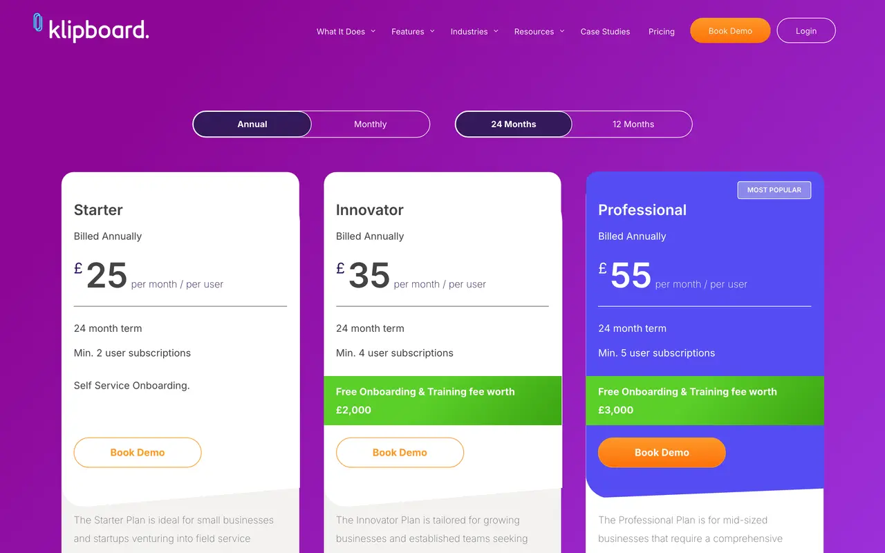 Klipboard pricing page - Field Service SaaS pricing tiers and plans