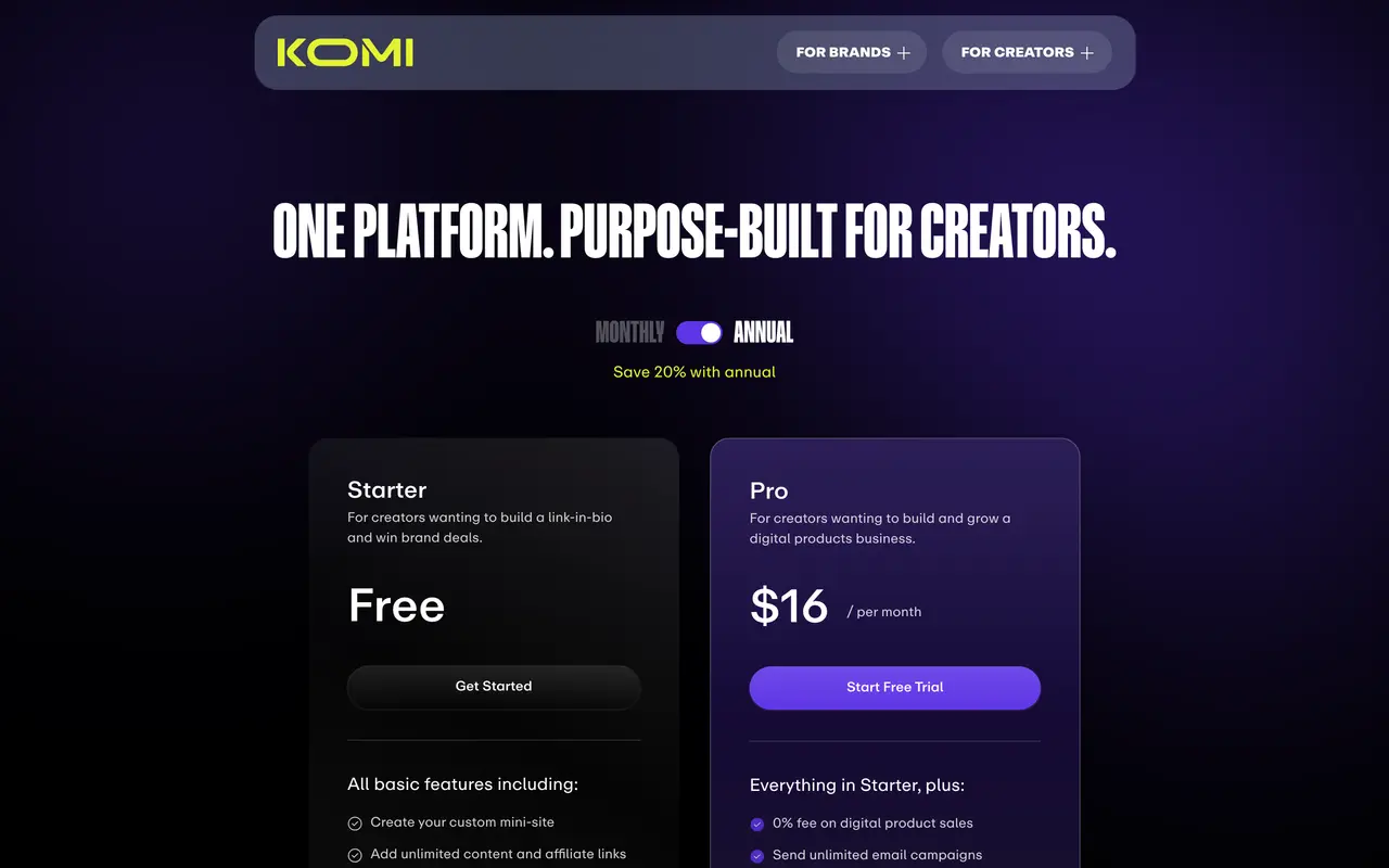 Komi pricing page - Link in Bio SaaS pricing tiers and plans