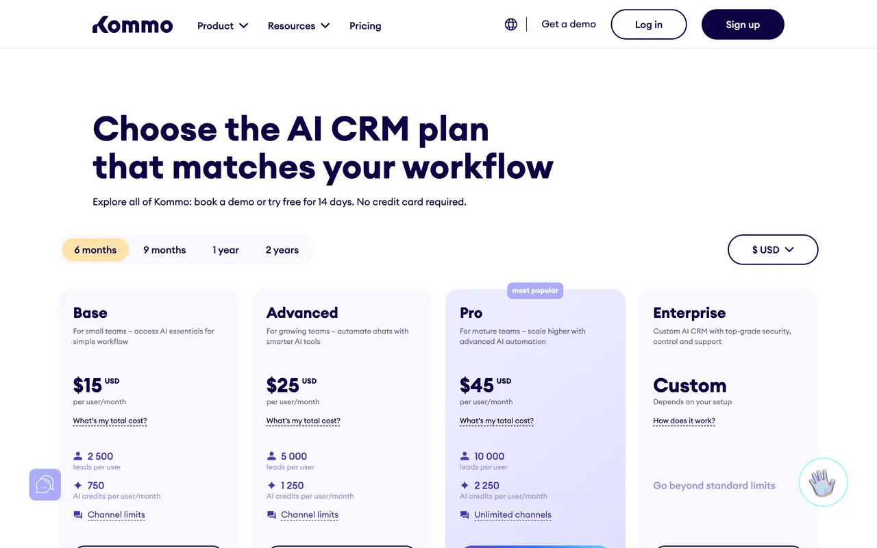 Kommo pricing page - Sales SaaS pricing tiers and plans