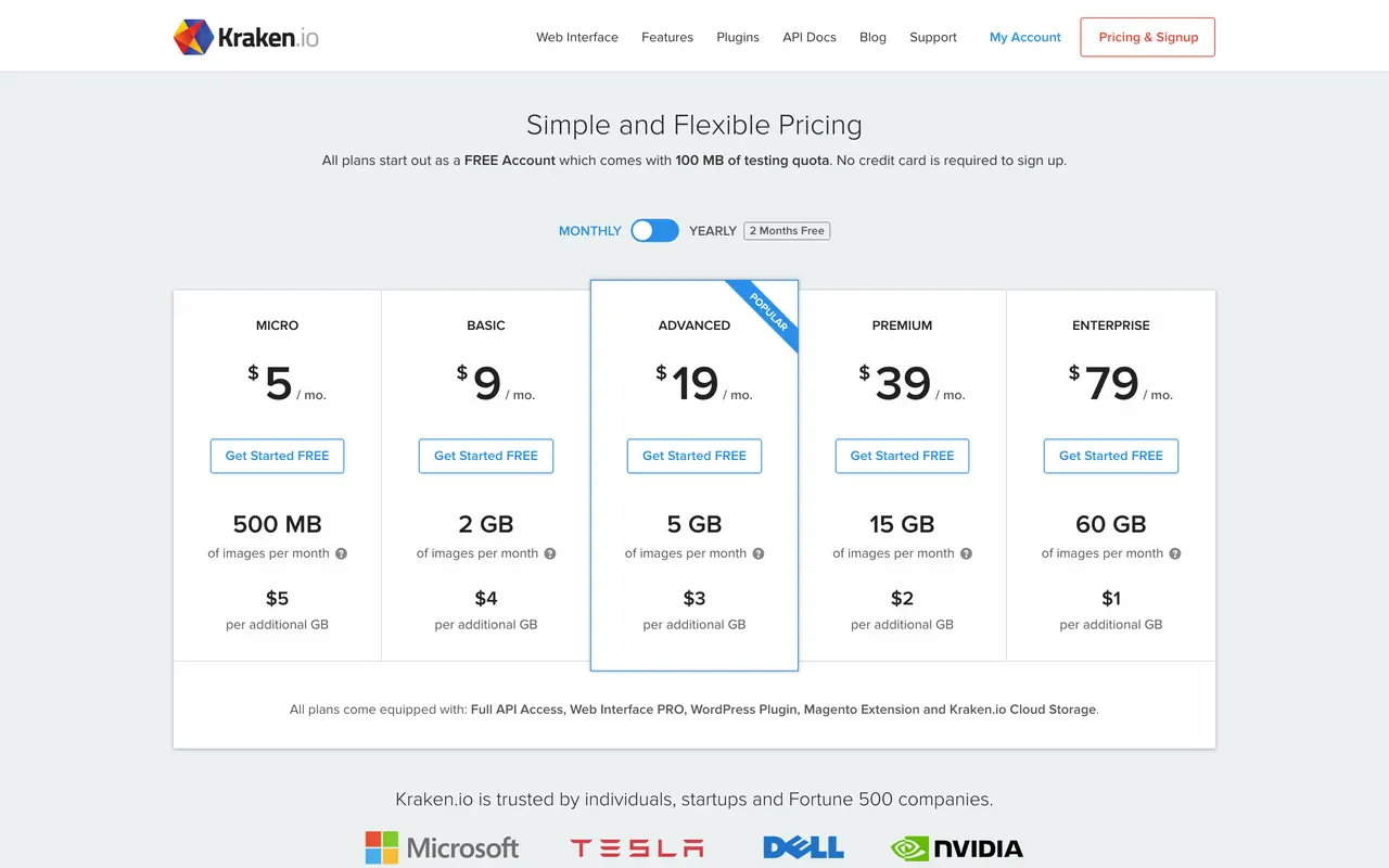 Kraken.io pricing page - Image Tools SaaS pricing tiers and plans