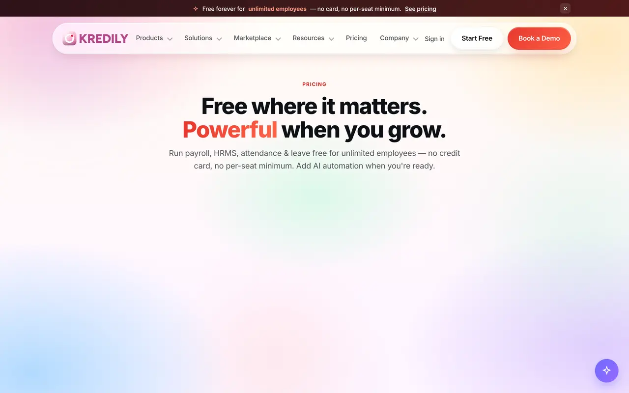 Kredily pricing page - Payroll SaaS pricing tiers and plans