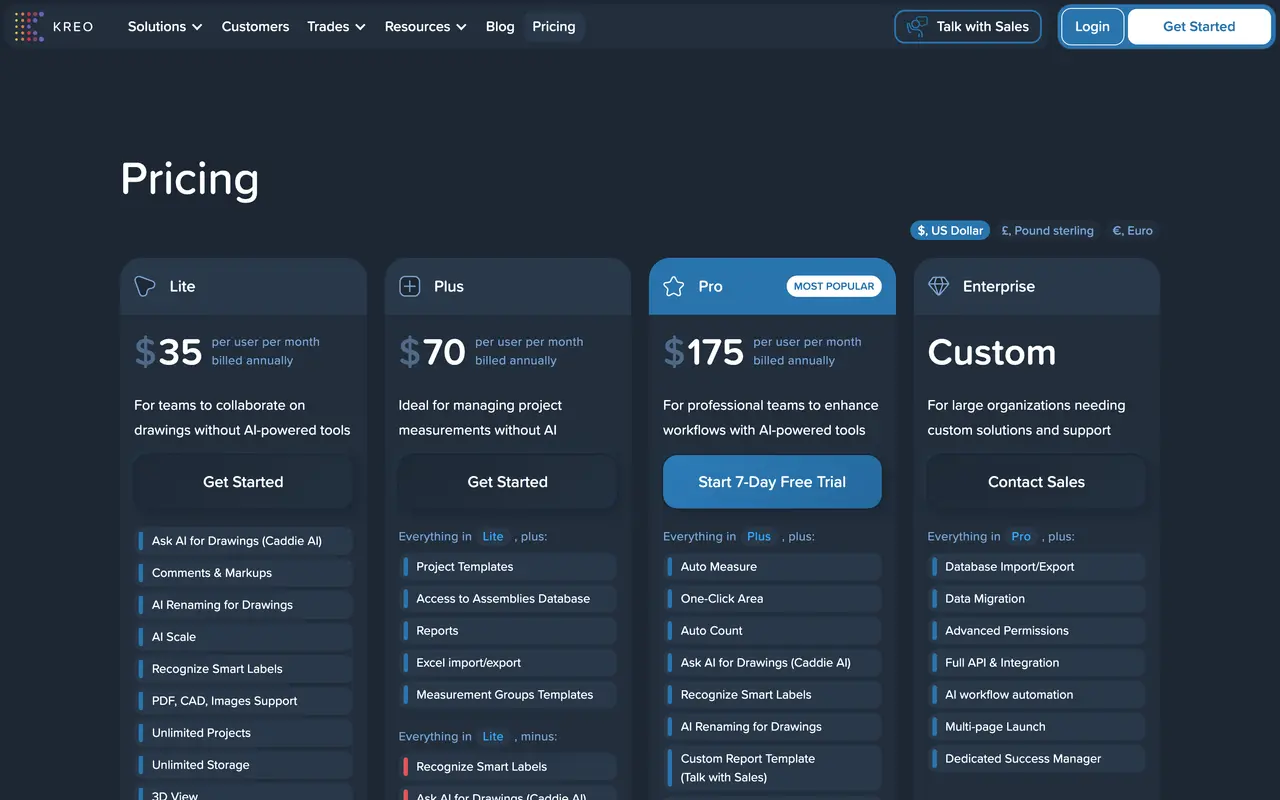 Kreo pricing page - Construction SaaS pricing tiers and plans