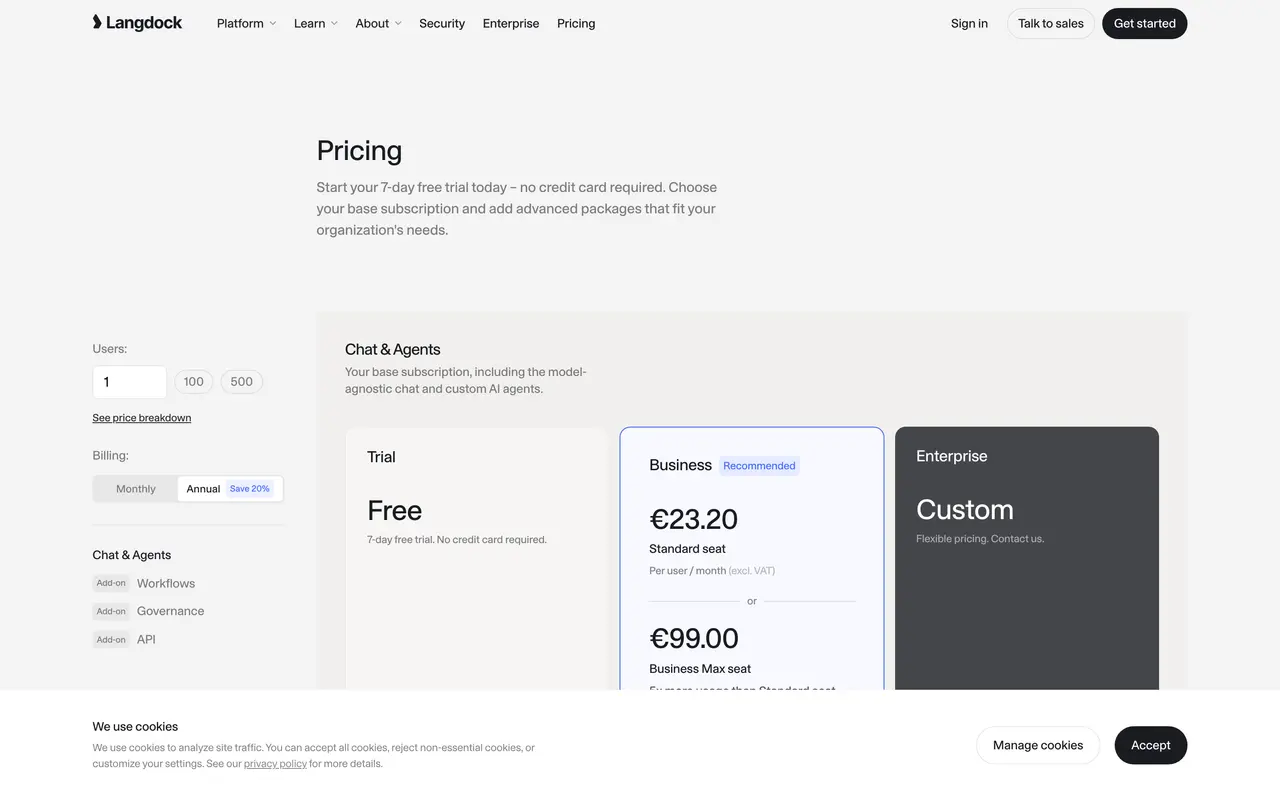 Langdock pricing page - AI Productivity SaaS pricing tiers and plans