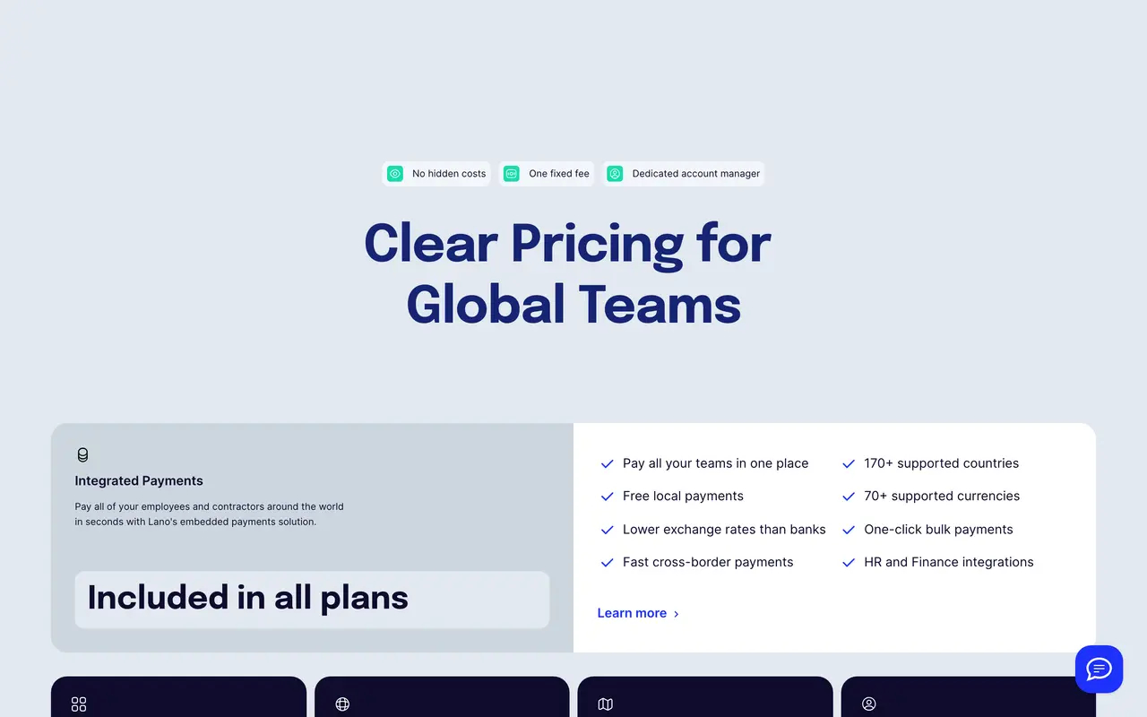 Lano pricing page - Global Payroll SaaS pricing tiers and plans