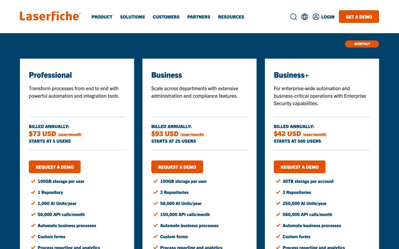 Laserfiche pricing page - Document Management SaaS pricing tiers and plans