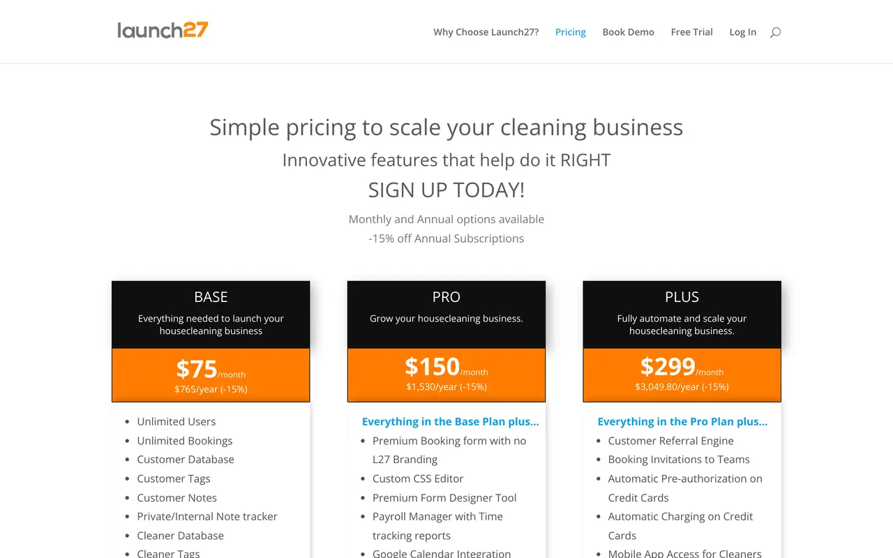 Launch27 pricing page - Cleaning Services SaaS pricing tiers and plans