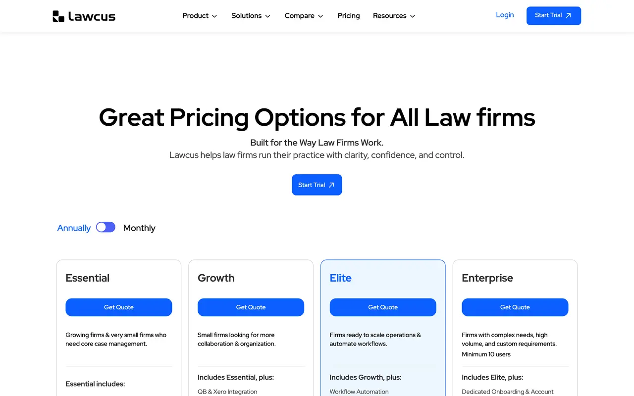 Lawcus pricing page - Legal SaaS pricing tiers and plans