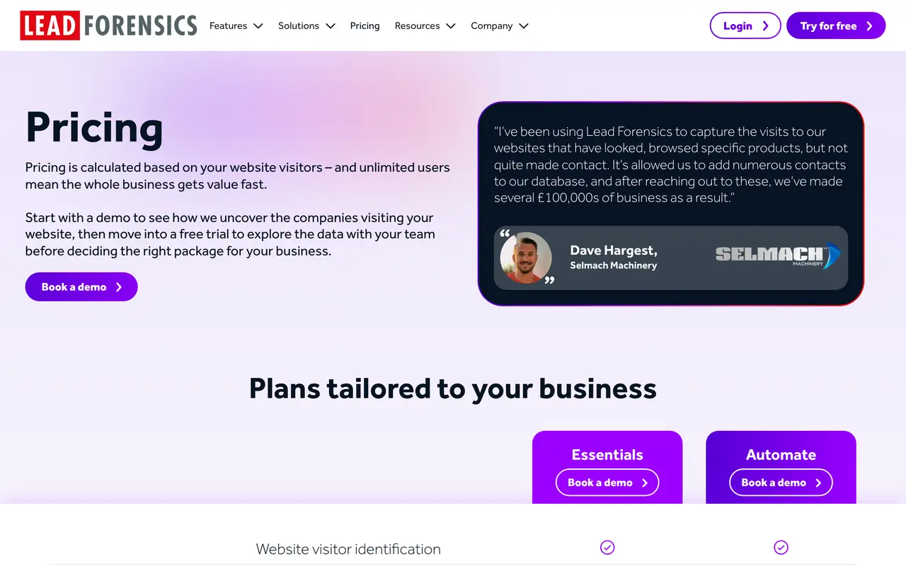 Lead Forensics pricing page - Sales SaaS pricing tiers and plans