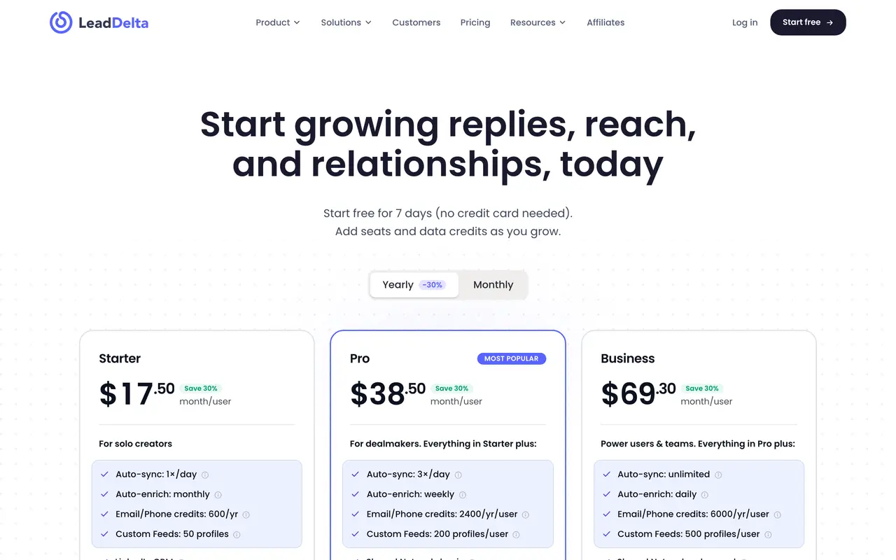 LeadDelta pricing page - Social Media SaaS pricing tiers and plans