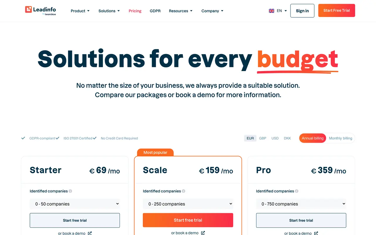 Leadinfo pricing page - Sales SaaS pricing tiers and plans