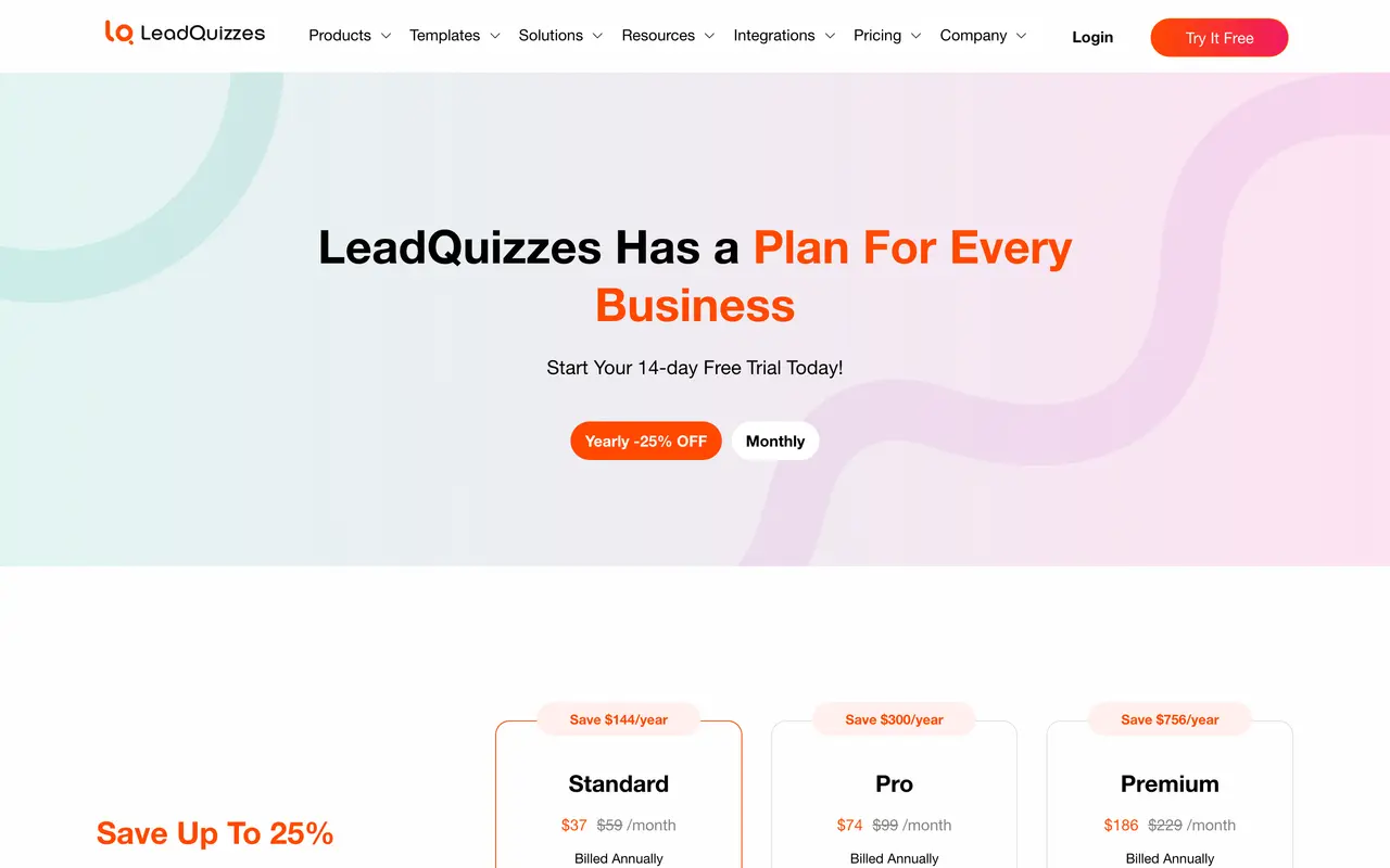 LeadQuizzes pricing page - Quiz SaaS pricing tiers and plans