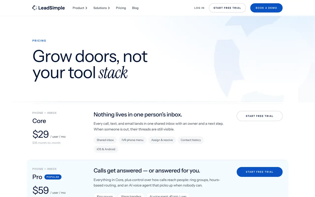 LeadSimple pricing page - Real Estate SaaS pricing tiers and plans