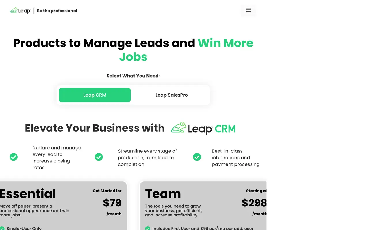 Leap pricing page - Construction SaaS pricing tiers and plans