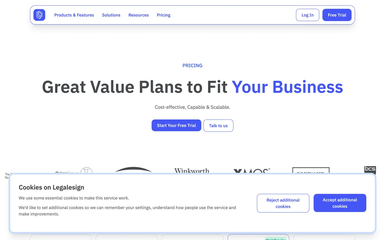 Legalesign pricing page - E-Signature SaaS pricing tiers and plans