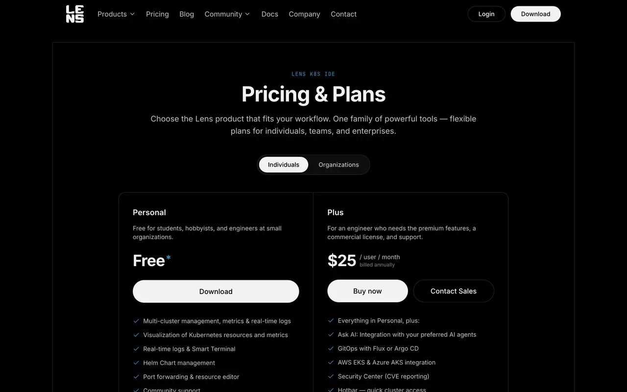 Lens pricing page - Container & Kubernetes SaaS pricing tiers and plans