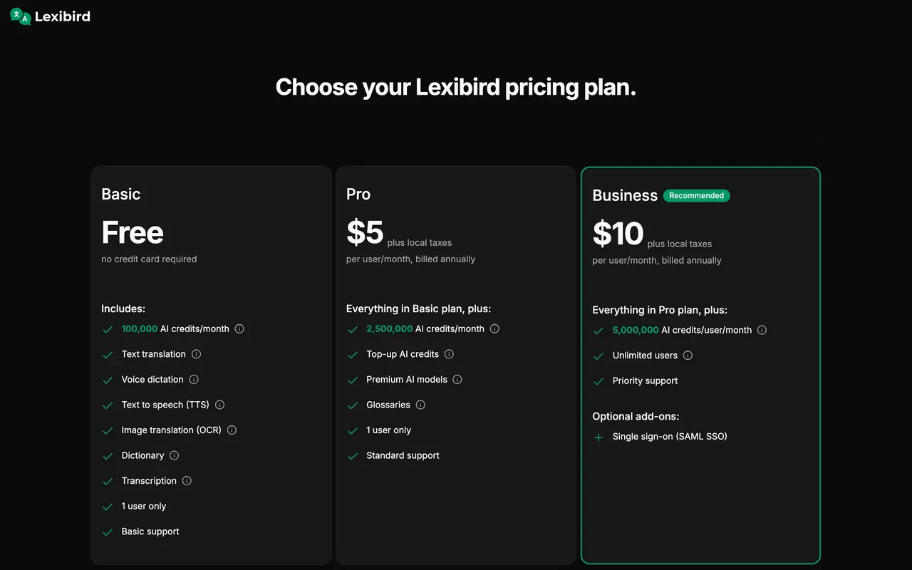 Lexibird pricing page - Translation & Localization SaaS pricing tiers and plans