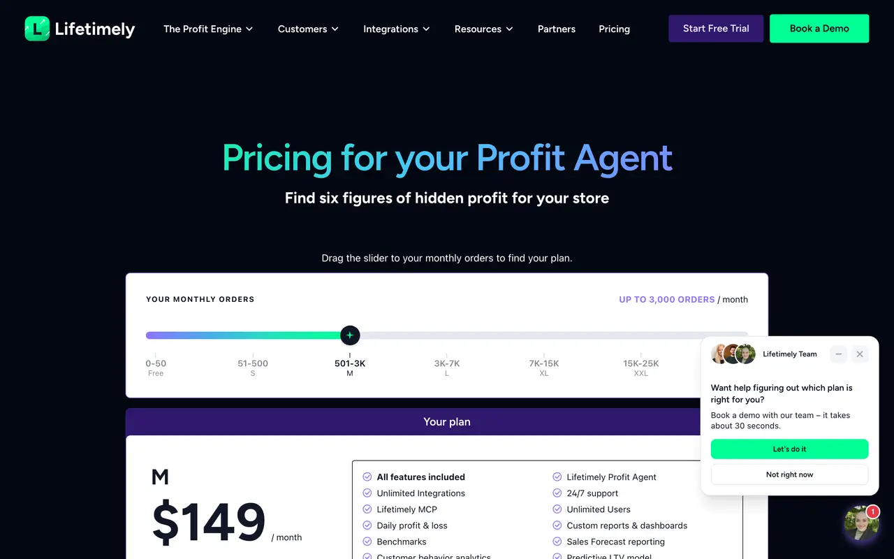 Lifetimely pricing page - E-commerce Analytics SaaS pricing tiers and plans