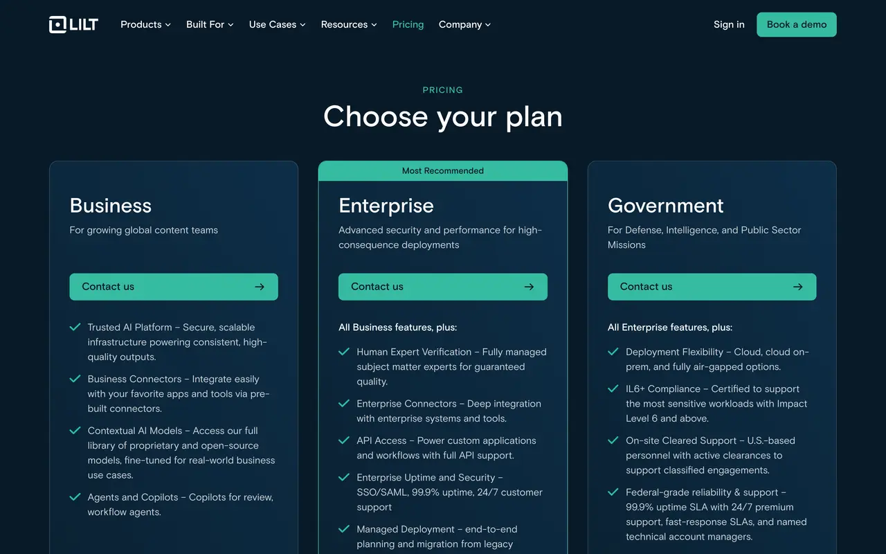 Lilt pricing page - Translation & Localization SaaS pricing tiers and plans
