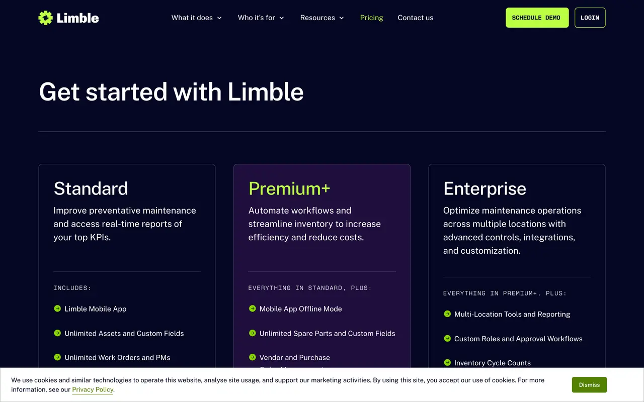 Limble pricing page - Maintenance SaaS pricing tiers and plans