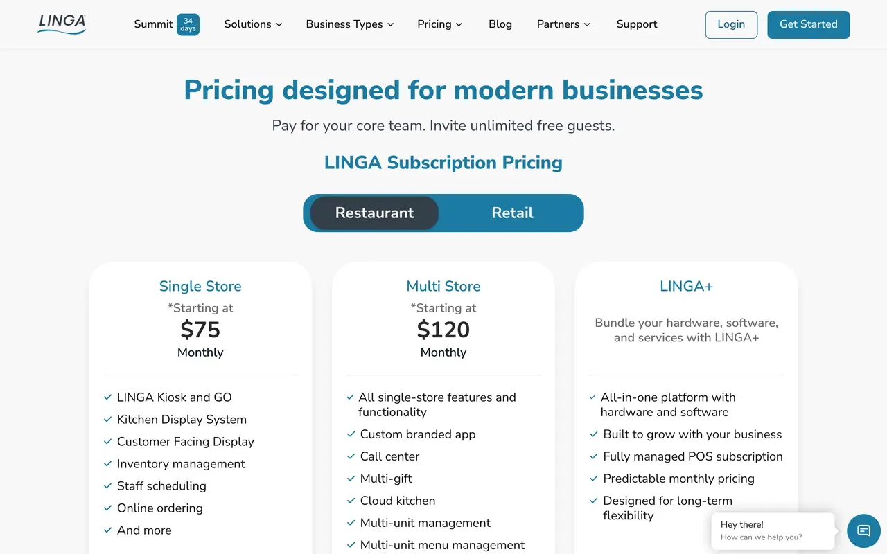 Linga POS pricing page - Restaurants SaaS pricing tiers and plans