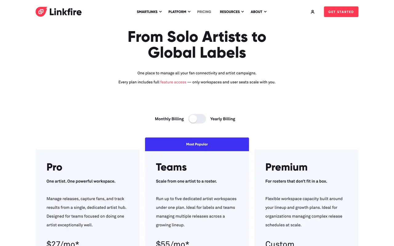 Linkfire pricing page - Link in Bio SaaS pricing tiers and plans