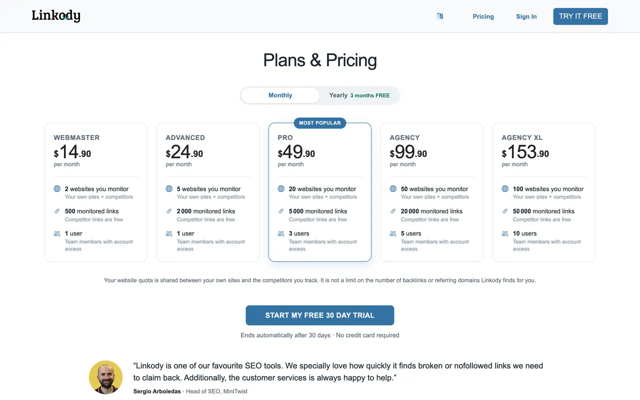 Linkody pricing page - SEO SaaS pricing tiers and plans