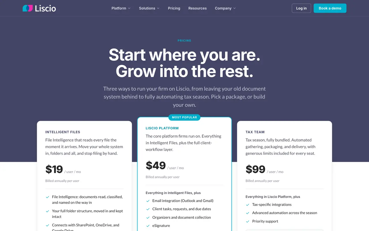 Liscio pricing page - Accounting SaaS pricing tiers and plans