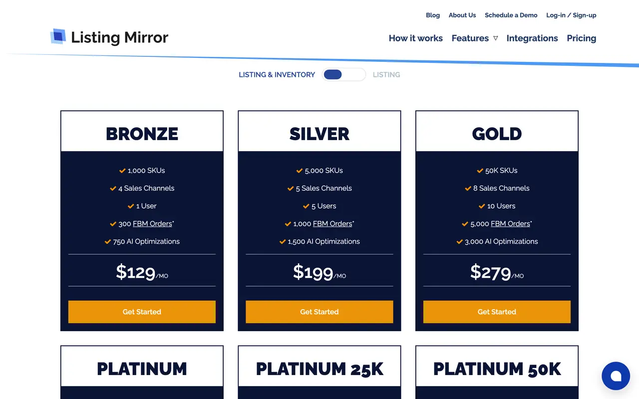 Listing Mirror pricing page - Product Feeds SaaS pricing tiers and plans