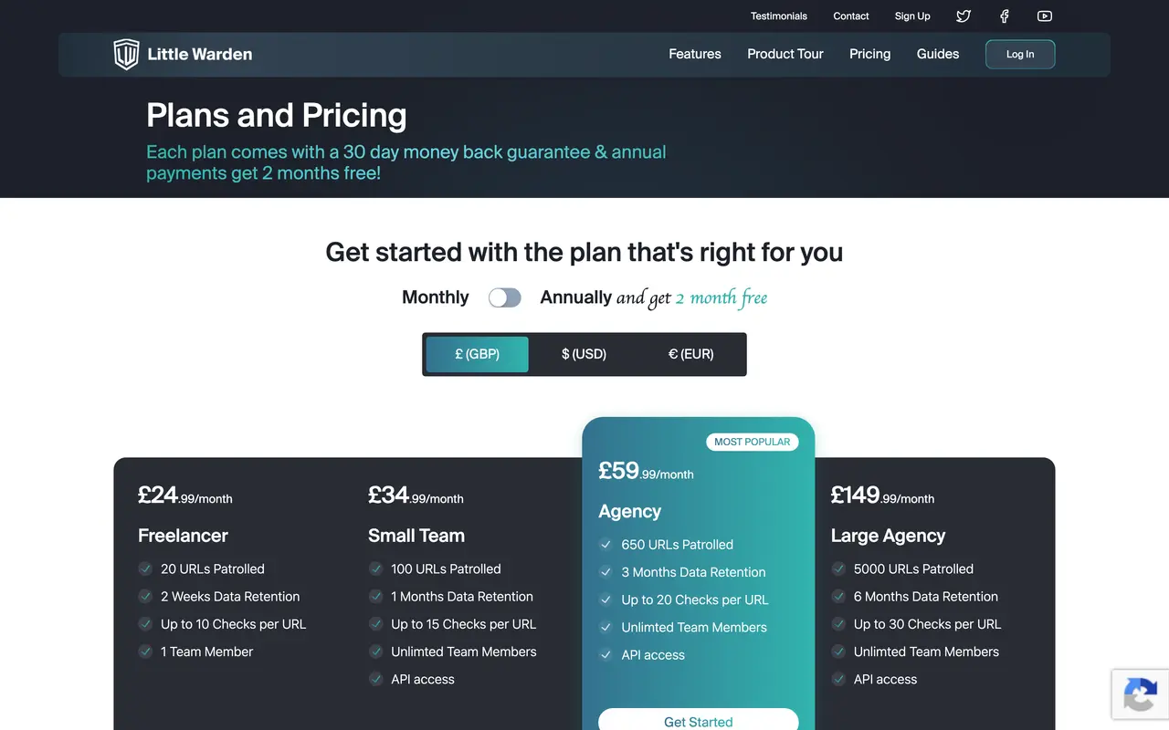 Little Warden pricing page - SEO SaaS pricing tiers and plans